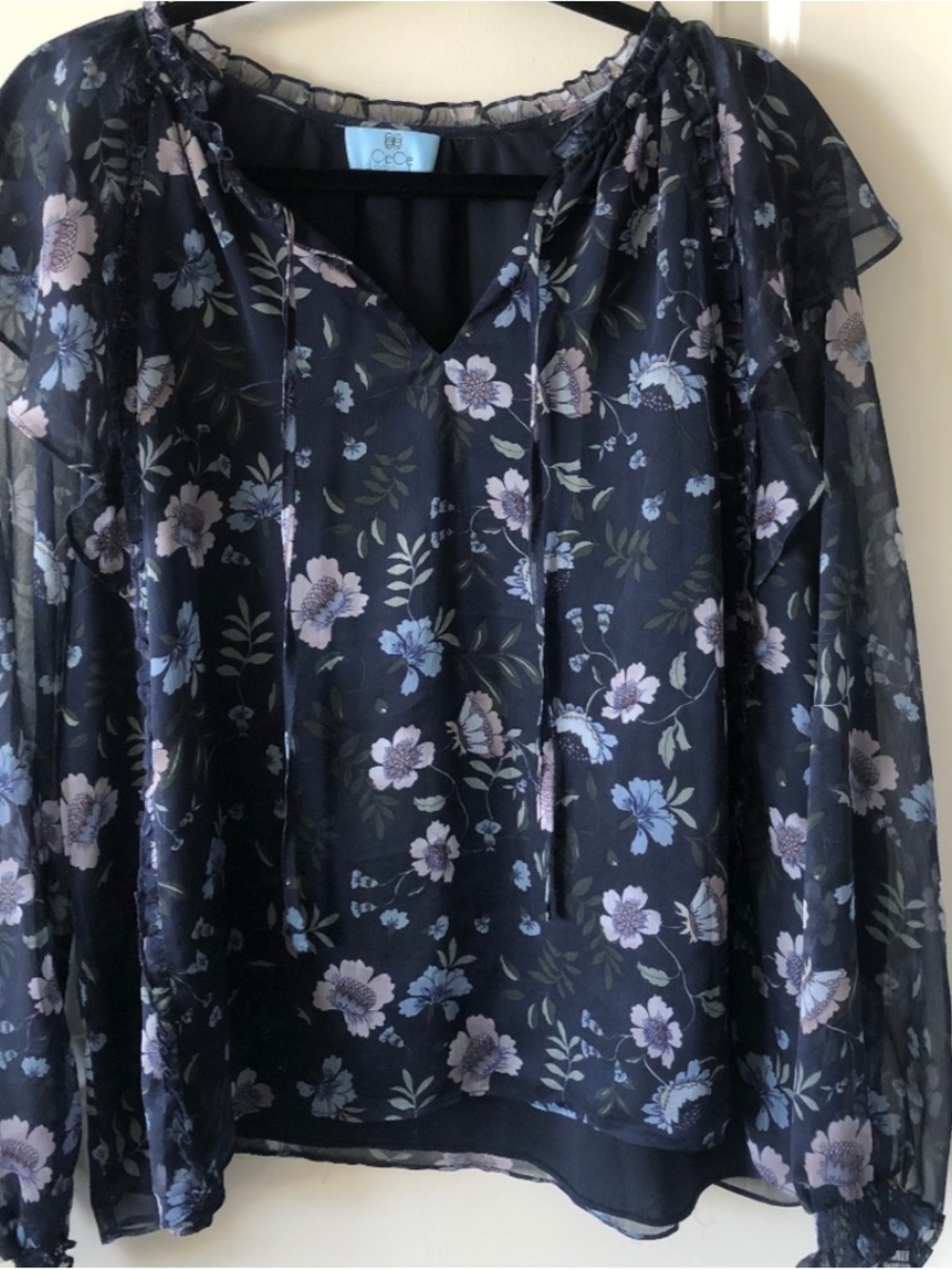 CeCe Navy Floral Long-Sleeve Blouse
